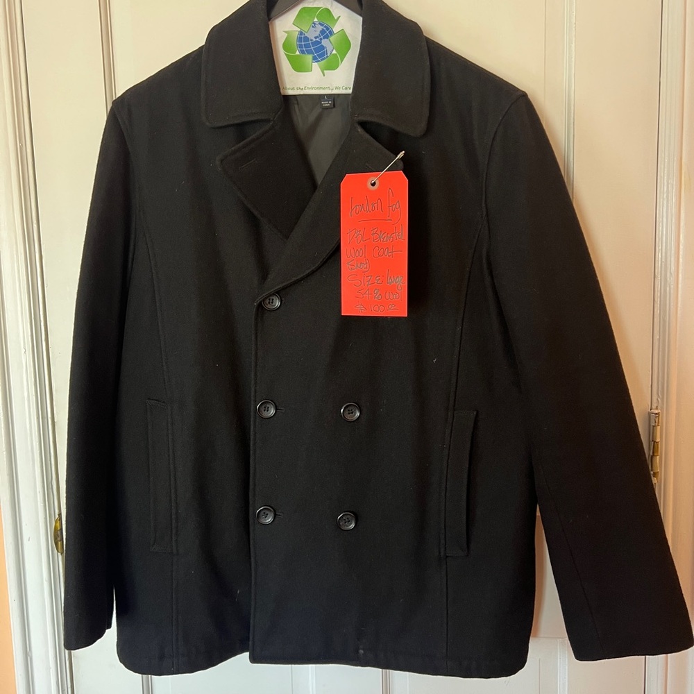 London Fog Black Wool Double Breasted Waist Coat